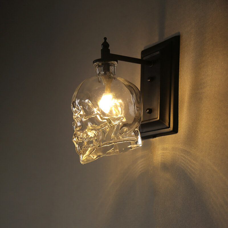 Contemporary Creative Round Skull Glass Iron 1-Light Halloween Wall Sconce Lamp For Living Room