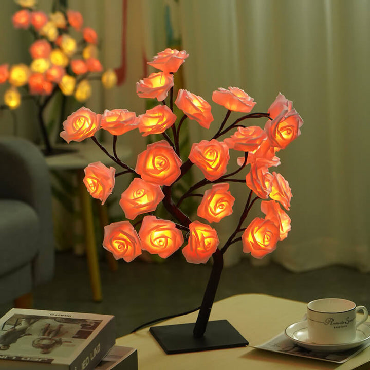 Lámpara de mesa de decoración USB cálida blanca LED PVC árbol de rosas de simulación de luz de 24 