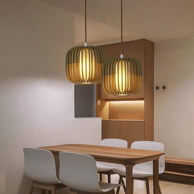 Modern Wooden Cage 1-Light Drum Pendant Light