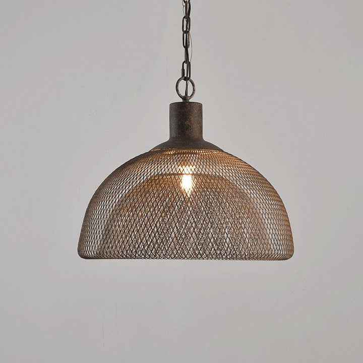Lámpara colgante contemporánea industrial de hierro forjado con herrajes, media pantalla redonda envejecida, 1 luz, para sala de estar 