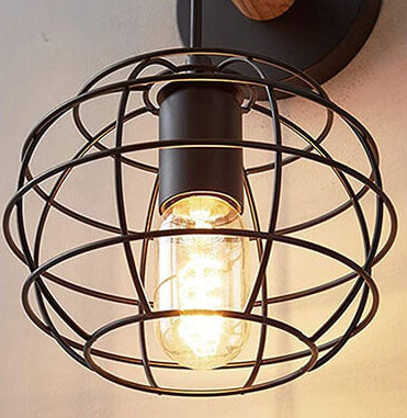 Vintage Wrought Iron Black Round Iron Shade 1-Light Wall Sconce Lamp