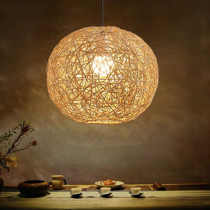 Rattan Weaving Beige Globe Shade 1-Light Pendant Light