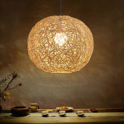 Rattan Weaving Beige Globe Shade 1-Licht Pendelleuchte 