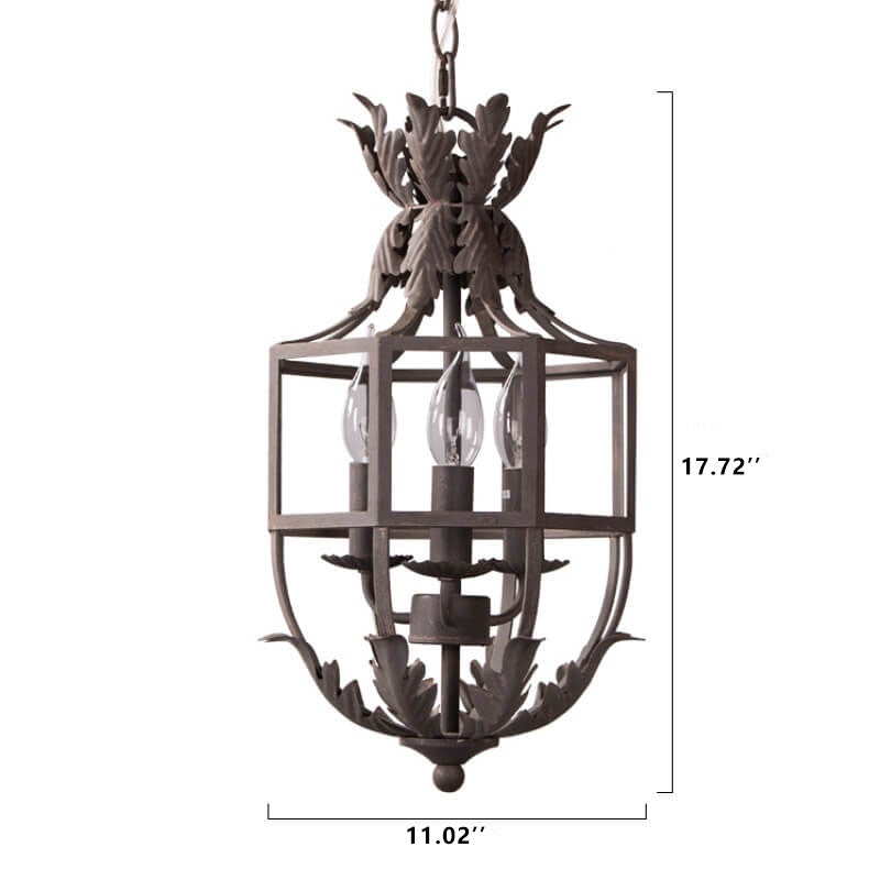 Vintage Wrought  Iron Lantern Cage 3-Light Chandelier