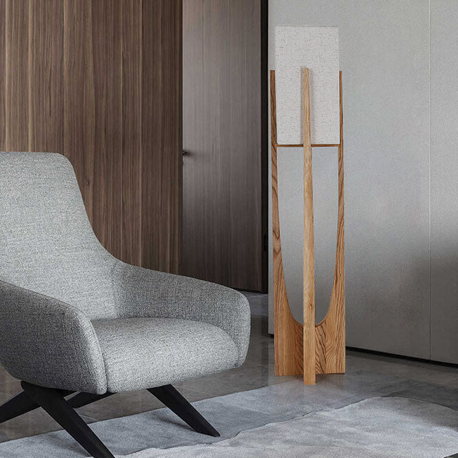 Modern Minimalist Copper Fabric Ash Wood Rectangular 1-Light Standing Floor Lamps For Living Room &amp; Bedroom