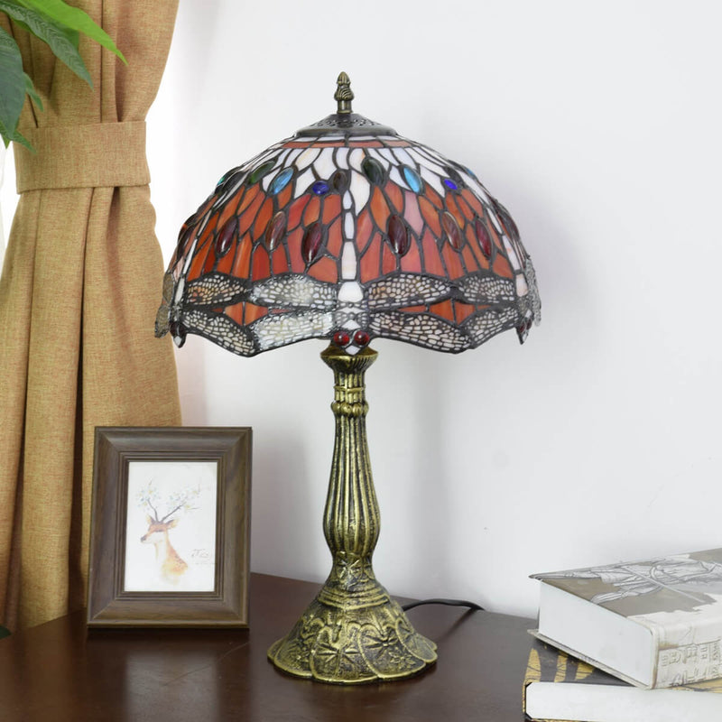 Vintage Tiffany Red Dragonfly Stained Glass 1-Light Table Lamp