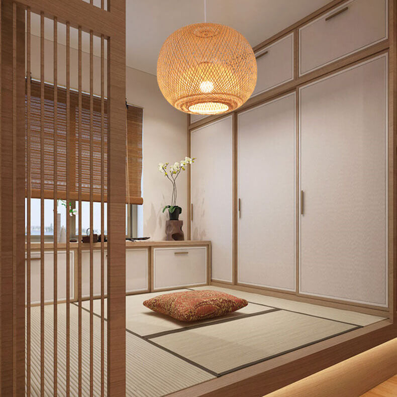 Lámpara colgante japonesa de 1 luz beige con bola redonda de tejido de bambú 
