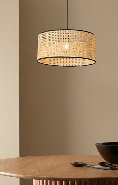 Modern Beige Bamboo Weaving 1-Light Drum-Shaped Pendant Light