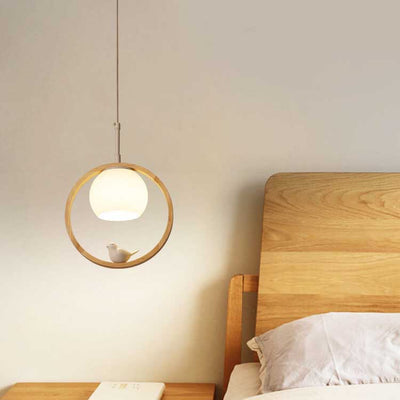 Modern Round Wood Ring 1-Light Little Bird LED Pendant Light