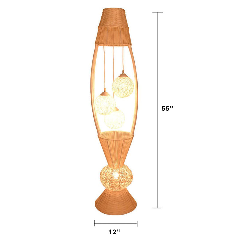 Fischförmige 4-Licht-Stehlampen aus Bambus-Rattan mit innerem Kugelschirm 