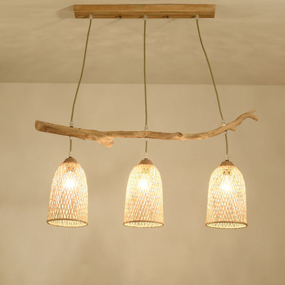 Bamboo Weaving Wooden Hanging 3-Light Bell Shade Chandeliers