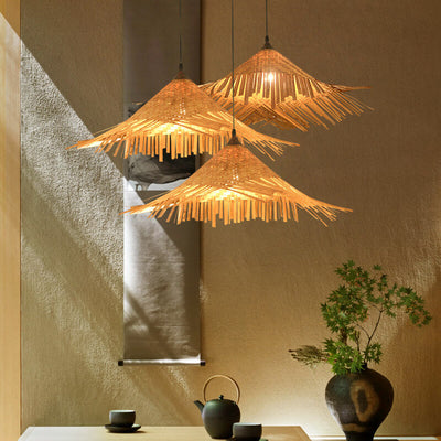 Bamboo Weaving Hat Shape 1-Light Beige Pendant Light