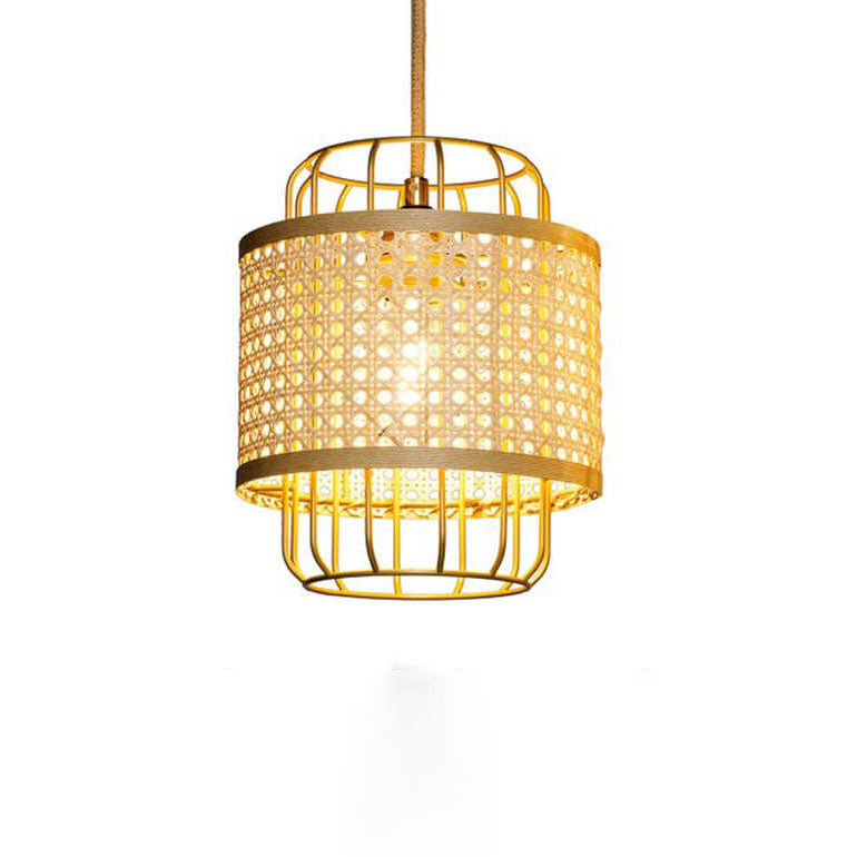 Suspension lumineuse moderne en rotin tressé à 1 lumière avec cage en métal doré 