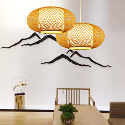 Moderne 1-Licht-Kugel-LED-Pendelleuchte aus Bambusgeflecht 