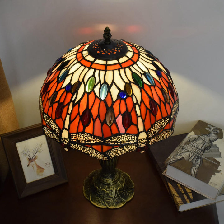 Lampe de Table Vintage Tiffany Libellule Rouge en Verre Teinté à 1 Lumière 