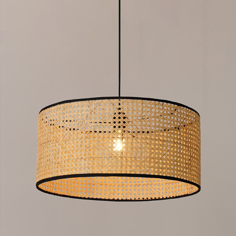 Modern Beige Bamboo Weaving 1-Light Drum-Shaped Pendant Light