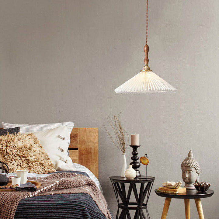 Lámpara colgante cónica de tela plisada vintage de 1 luz 