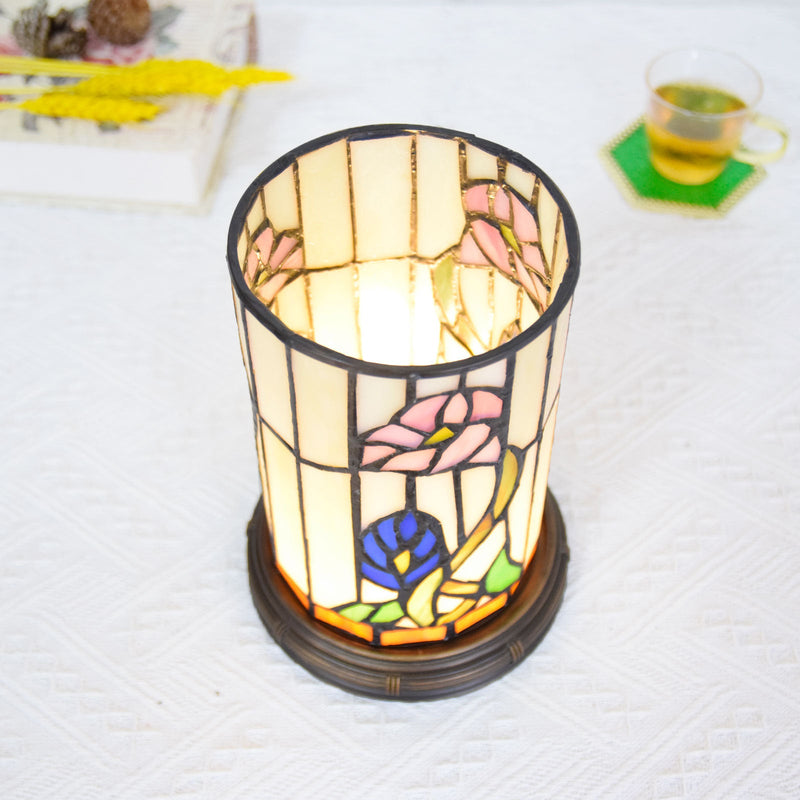 Creative Tiffany Flower Cylinder Barrel Stained Glass LED Table Lamp