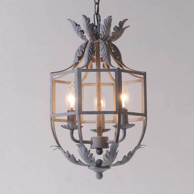 Vintage Wrought  Iron Lantern Cage 3-Light Chandelier