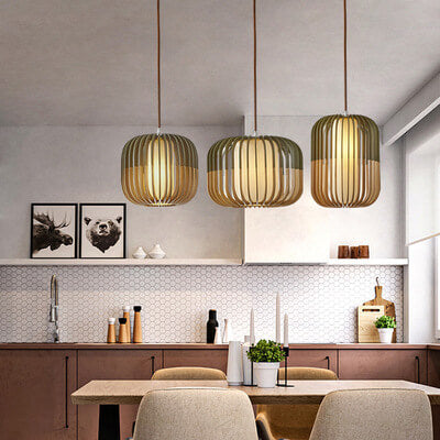 Modern Wooden Cage 1-Light Drum Pendant Light