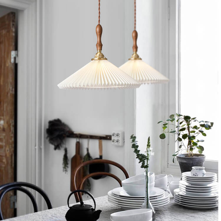 Vintage 1-Light Pleated Fabric Conical Pendant Light