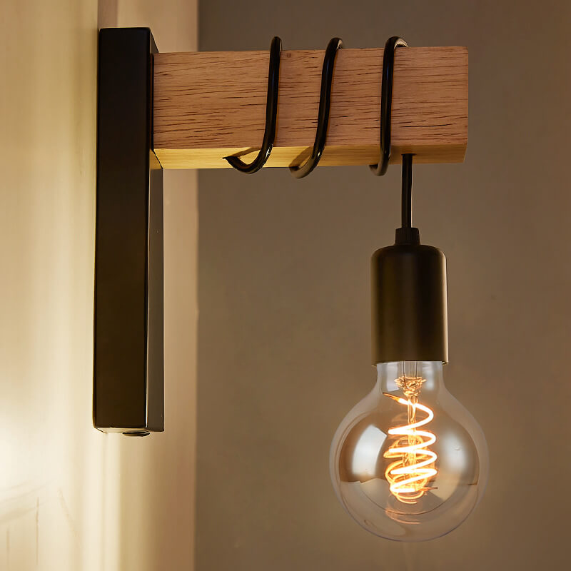 Applique Murale Industrielle Vintage en Bois avec Bras et 1 Lumière 