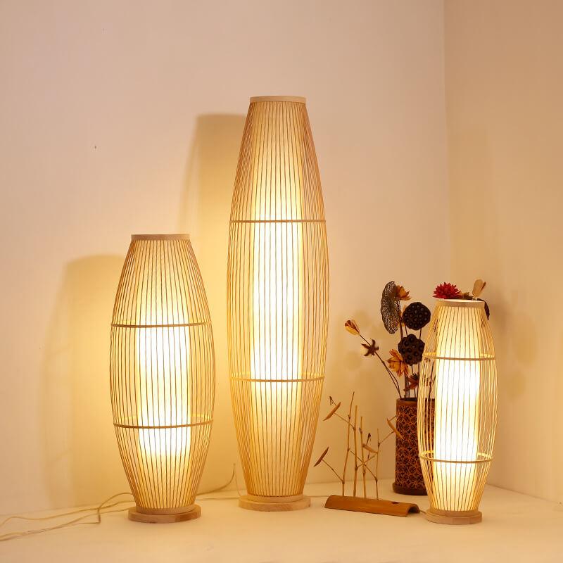 Bamboo Weaving 1-Light Barrel Shaped Cage LED Standing Floor Lamps
