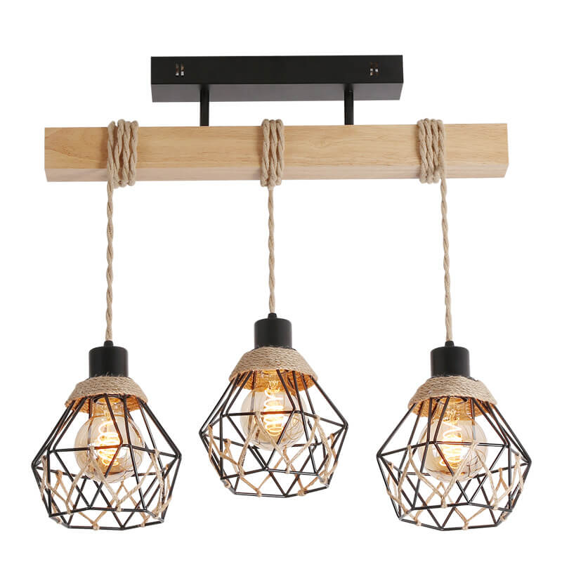 Vintage Industrial Hemp Rope Metal Cage 3-Light Chandelier Ceiling Light