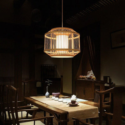 Moderne Bambusweberei Runde Laterne im chinesischen Stil 1-Licht-Pendelleuchte 