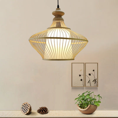 Modern Beige Bamboo Weaving Saucer 1-Light Pendant Light