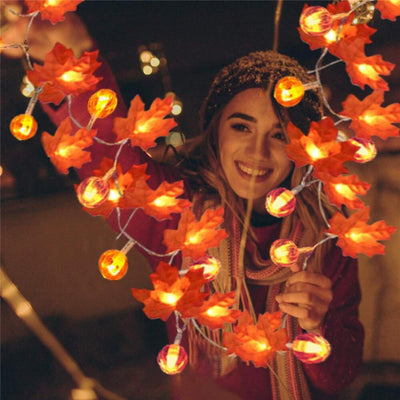 Lumières de fête à LED en forme de feuille d'érable et de citrouille pour décoration de fête, guirlande lumineuse à piles 