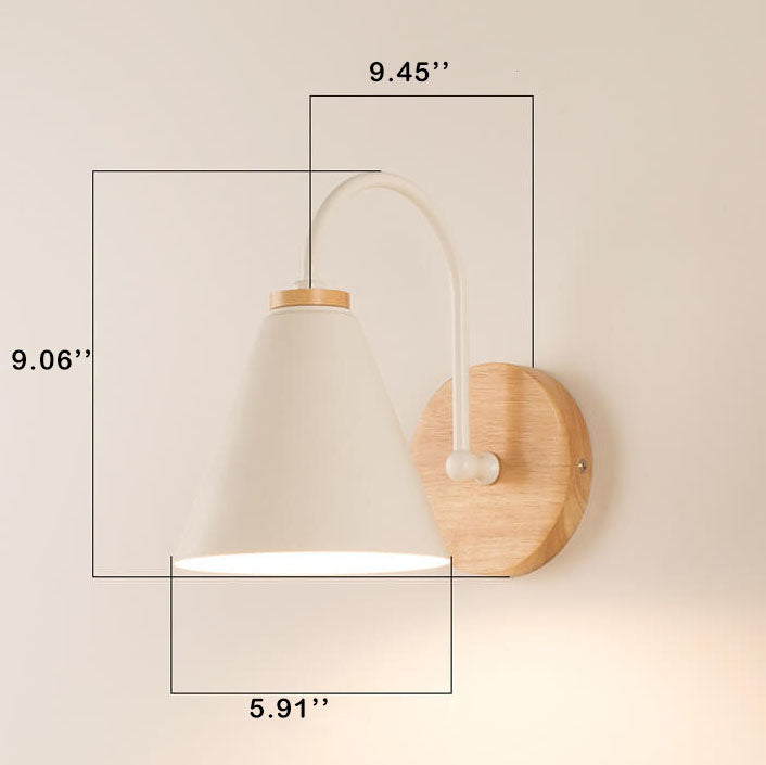 Modern Minimalist Cone Shade Wooden Base 1-Light Wall Sconce Lamp