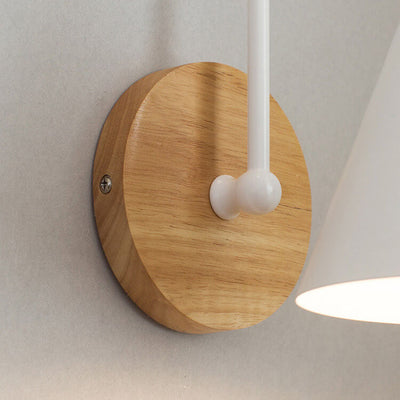 Moderne, minimalistische Kegelschirm-Wandleuchte mit Holzsockel, 1 Licht 