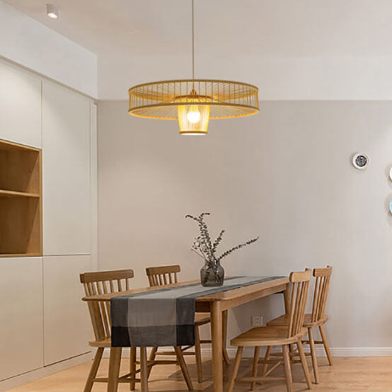Lámpara colgante de bambú moderno con pantalla de tambor de 1 luz 