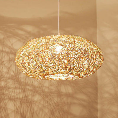 Japanese Rattan Weaving 1-Light Round Drum Pendant Light