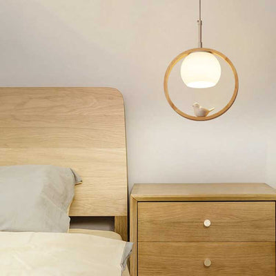 Modern Round Wood Ring 1-Light Little Bird LED Pendant Light