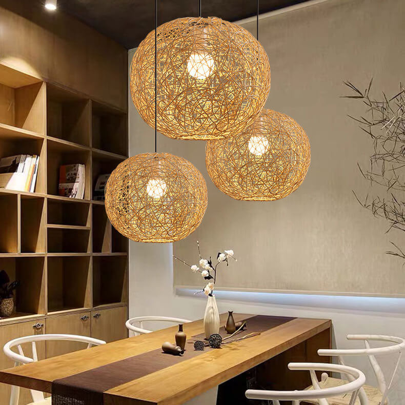 Rattan Weaving Beige Globe Shade 1-Light Pendant Light