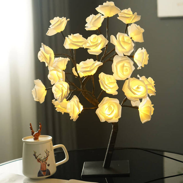 Lámpara de mesa de decoración USB cálida blanca LED PVC árbol de rosas de simulación de luz de 24 
