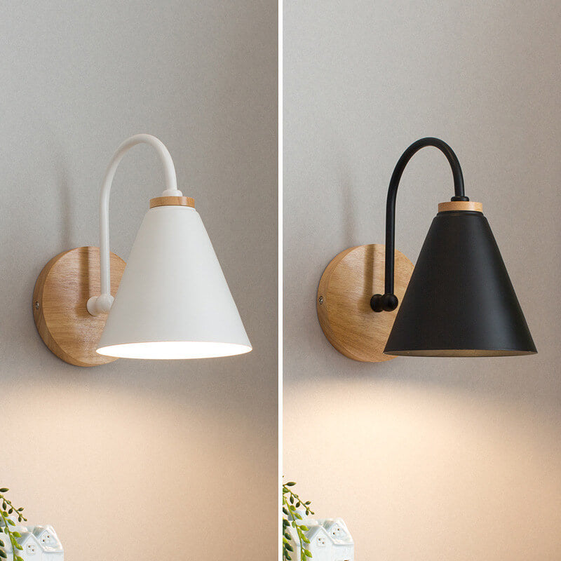 Modern Minimalist Cone Shade Wooden Base 1-Light Wall Sconce Lamp