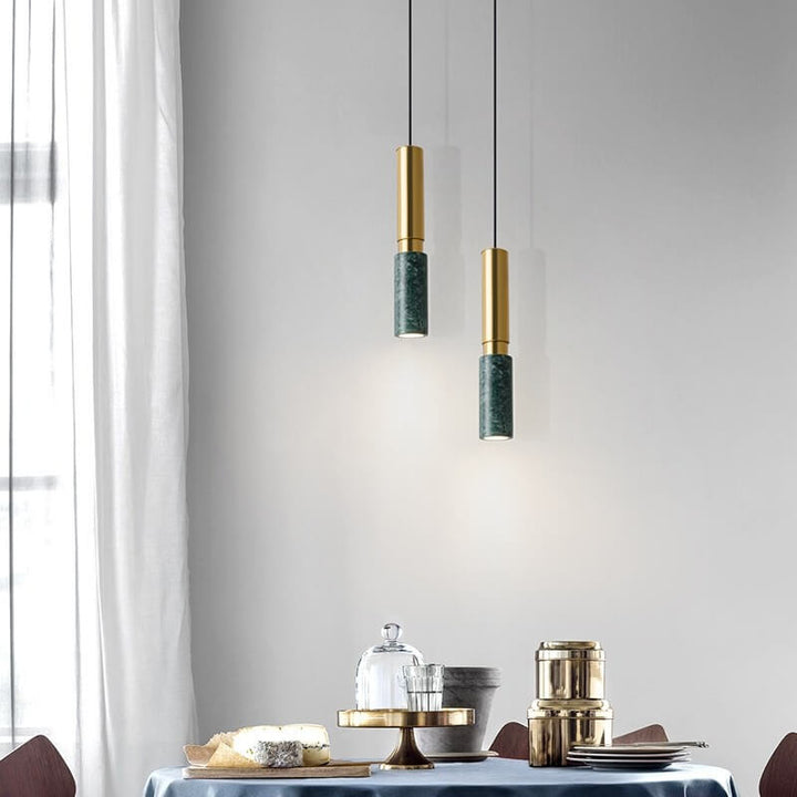 Lámpara colgante individual moderna de lujo con 1 luz, de metal con empalme de mármol cilíndrico, para sala de estar 