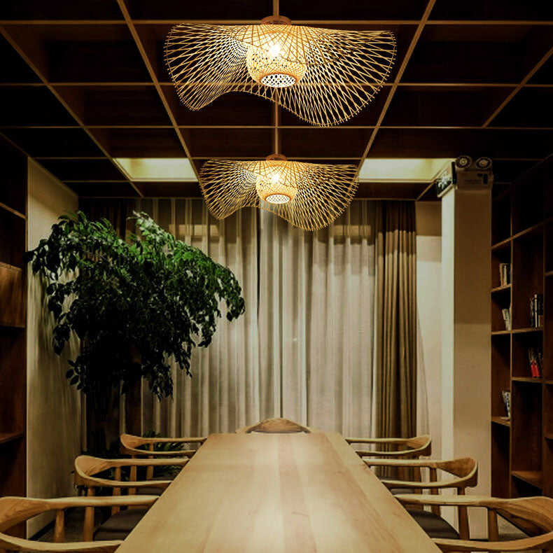 Traditional Japanese Weaving Bamboo 1-Light Semi-Flush Mount Ceiling Light For Bedroom