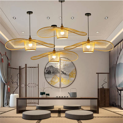 Japanese Element Bamboo Weaving Fisherman's Hat 1-Light Pendant Light