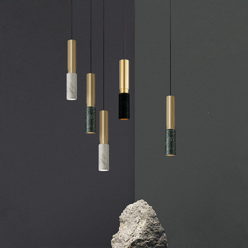 Lámpara colgante individual moderna de lujo con 1 luz, de metal con empalme de mármol cilíndrico, para sala de estar 