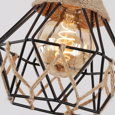 Vintage Industrial Hemp Rope Metal Cage 3-Light Chandelier Ceiling Light