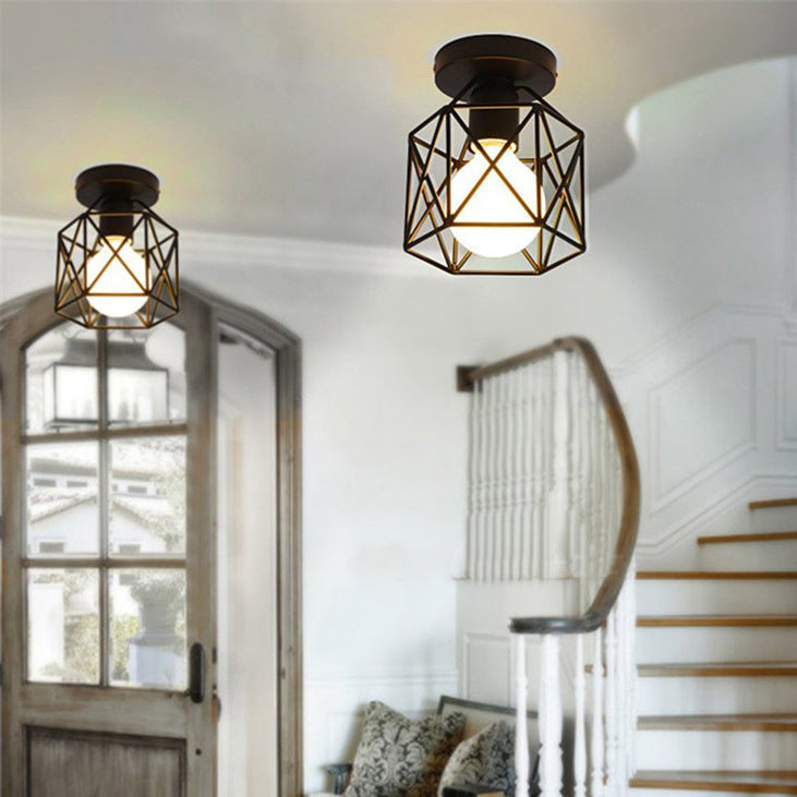 Industrial Vintage Iron Cylindrical Cage 1-Light Semi-Flush Mount Ceiling Light