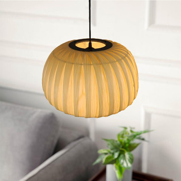 Moderne Holz Kürbis Schirm 1-Licht Beige Pendelleuchte 