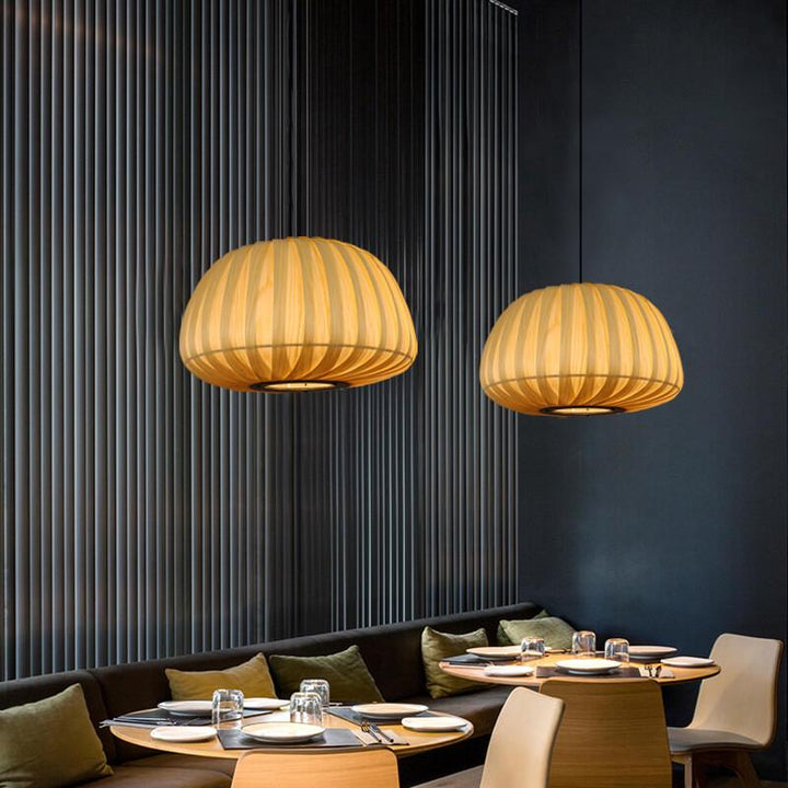 Moderne Holz Kürbis Schirm 1-Licht Beige Pendelleuchte 