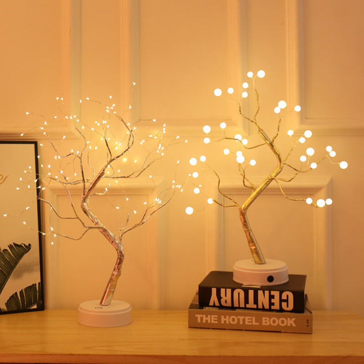 Lámpara de mesa LED contemporánea y creativa con pequeño árbol de perlas, cobre y PVC, 36 luces y control remoto para dormitorio 