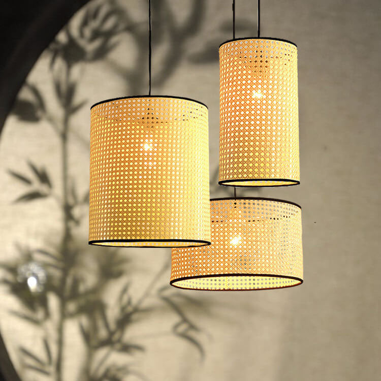 Modern Rattan Weaving Cylinder 1-Light Pendant Light