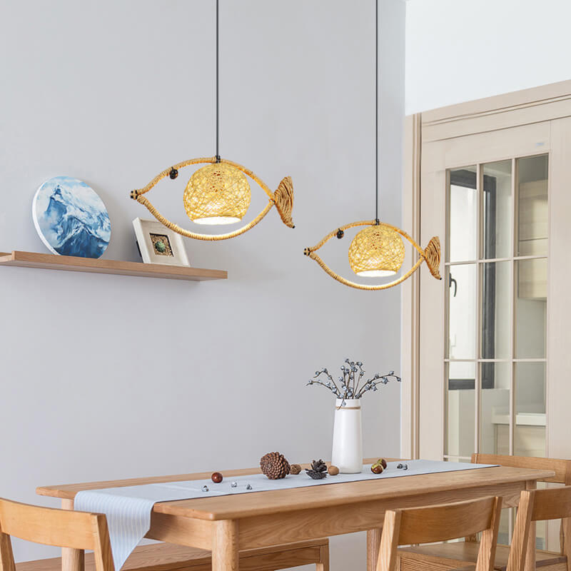 Creative Hemp Rope Willow Weaving Fish Shape 1-Light LED Pendant Light